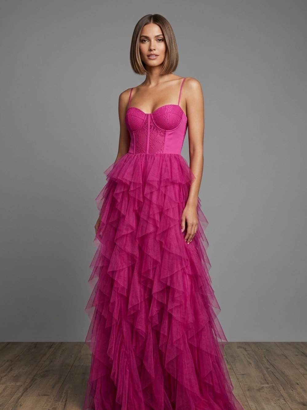 Strapless Ruffled Tulle Evening Gown in Fuchsia